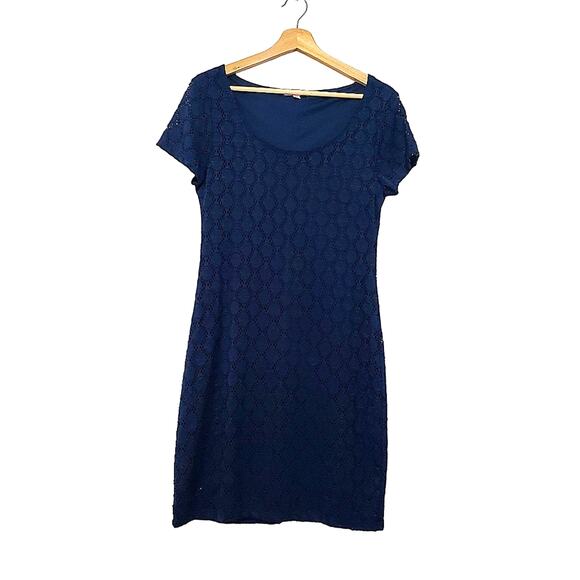 Isaac Mizrahi | Navy Lace Sheath Short Sleeve Dress - Picture 1 of 10